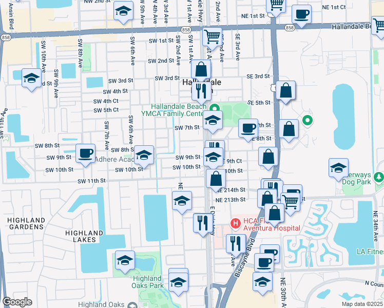 map of restaurants, bars, coffee shops, grocery stores, and more near 105 Southwest 9th Street in Hallandale Beach