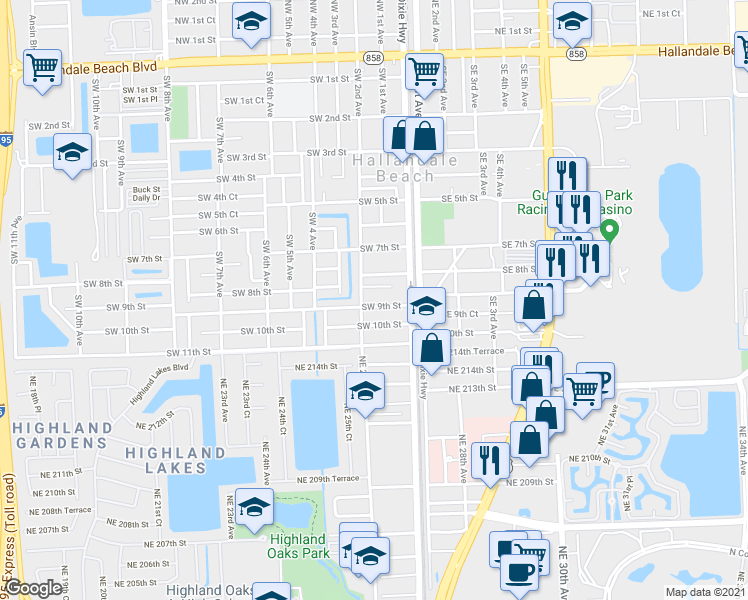 map of restaurants, bars, coffee shops, grocery stores, and more near 105 Southwest 9th Street in Hallandale Beach