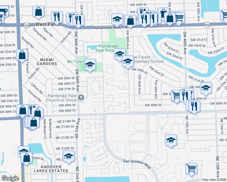 map of restaurants, bars, coffee shops, grocery stores, and more near 3871 Southwest 52nd Avenue in Pembroke Park