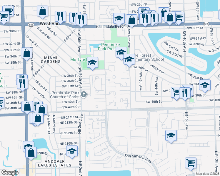 map of restaurants, bars, coffee shops, grocery stores, and more near 3804 Southwest 52nd Avenue in Hollywood