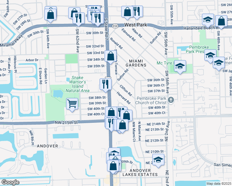 map of restaurants, bars, coffee shops, grocery stores, and more near 3907 Southwest 59th Avenue in West Park