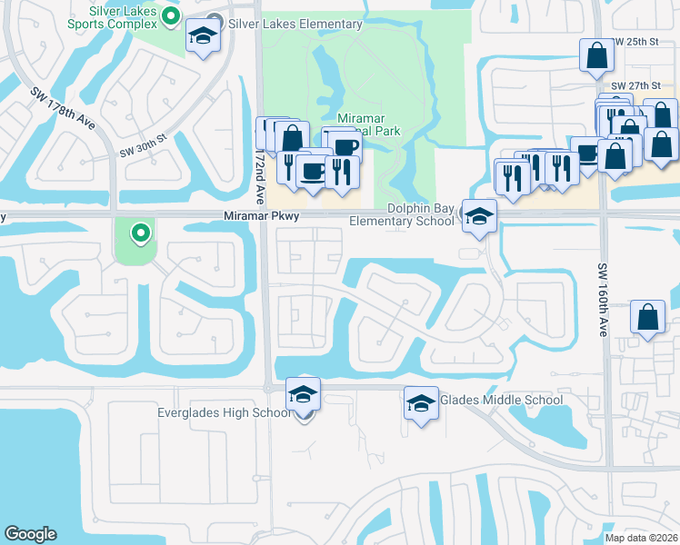 map of restaurants, bars, coffee shops, grocery stores, and more near 3630 Southwest 168th Terrace in Miramar