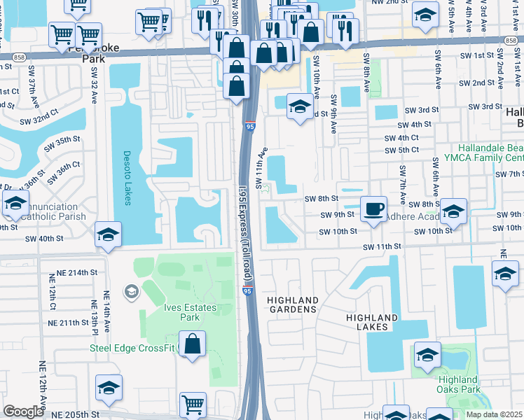 map of restaurants, bars, coffee shops, grocery stores, and more near 1050 Southwest 11th Avenue in Hallandale Beach