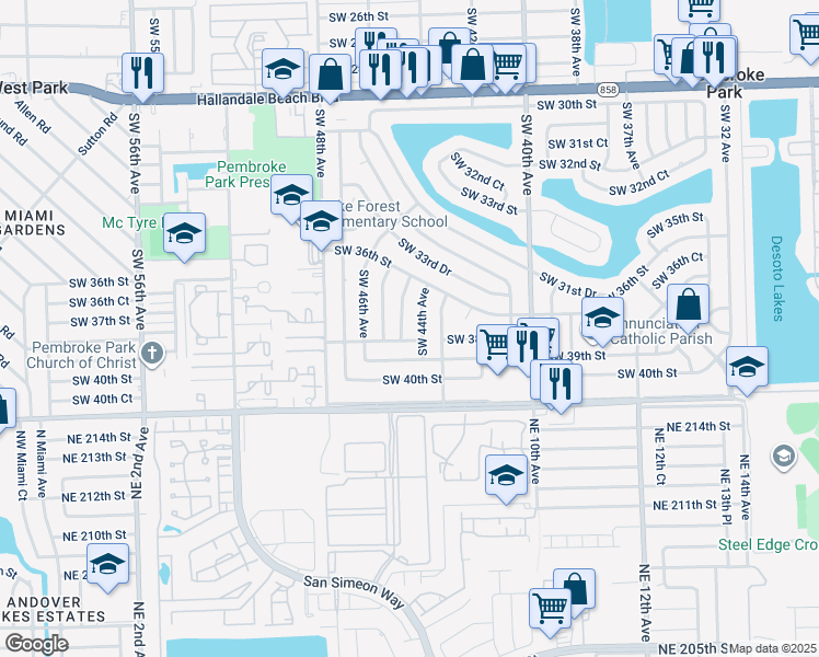 map of restaurants, bars, coffee shops, grocery stores, and more near 3811 Southwest 44th Avenue in West Park