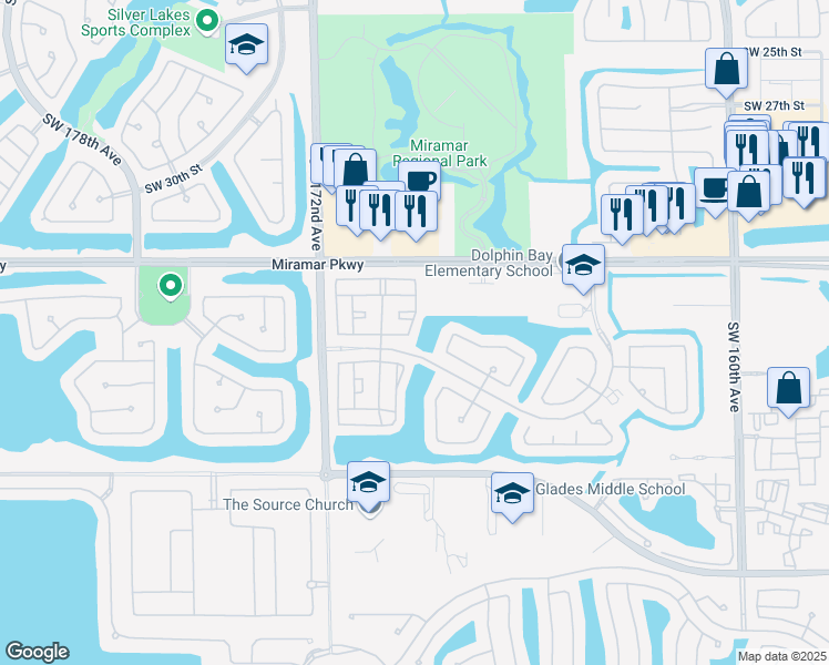 map of restaurants, bars, coffee shops, grocery stores, and more near 3630 Southwest 168th Terrace in Miramar