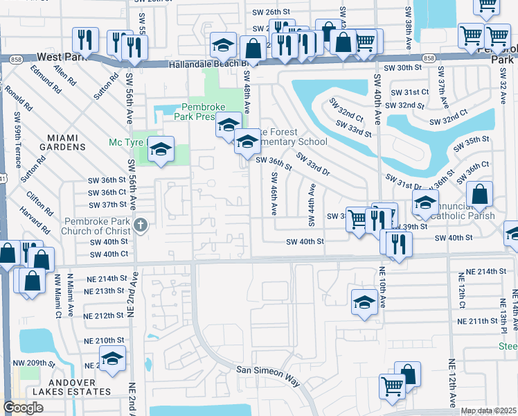 map of restaurants, bars, coffee shops, grocery stores, and more near 4620 Southwest 38th Street in West Park
