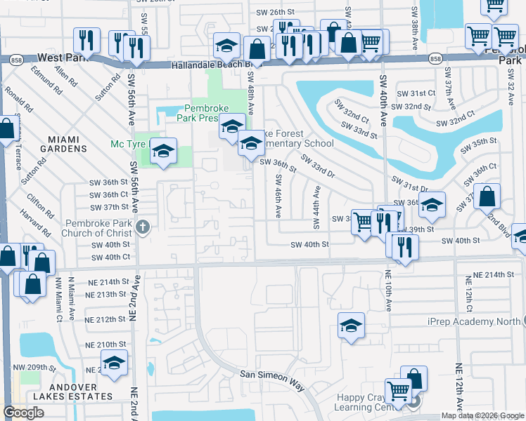 map of restaurants, bars, coffee shops, grocery stores, and more near 4620 Southwest 38th Street in West Park