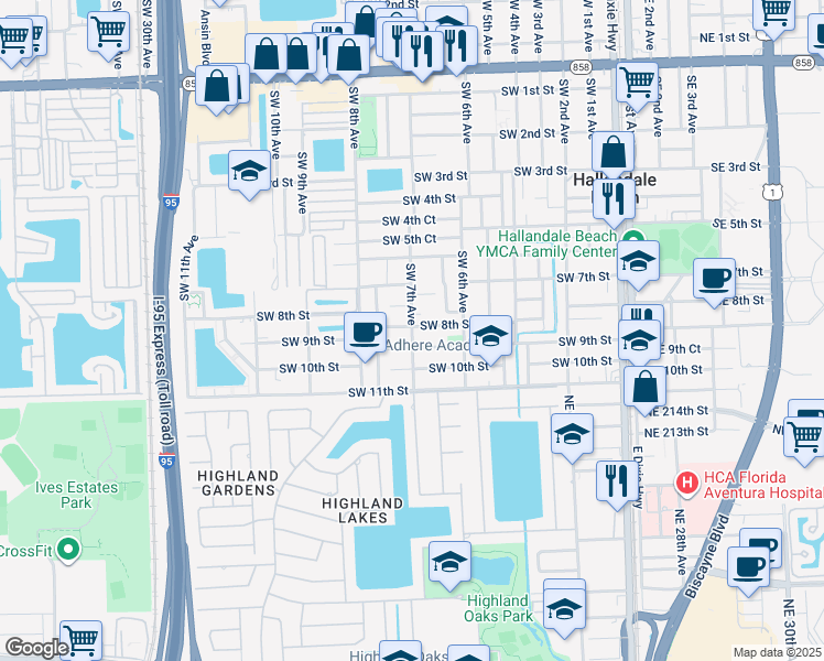 map of restaurants, bars, coffee shops, grocery stores, and more near 709 Southwest 9th Street in Hallandale Beach
