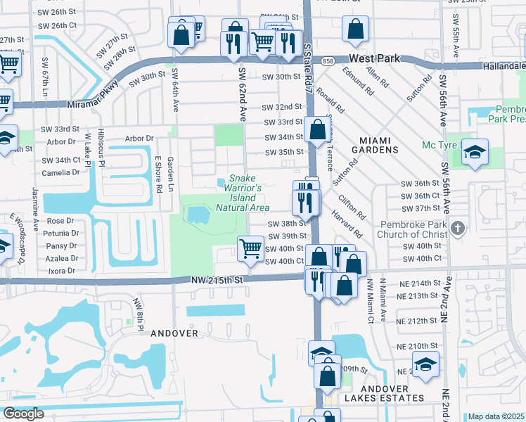 map of restaurants, bars, coffee shops, grocery stores, and more near 6133 Southwest 38th Street in Miramar