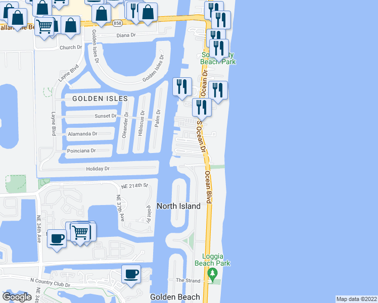 map of restaurants, bars, coffee shops, grocery stores, and more near 3181 South Ocean Drive in Hallandale Beach