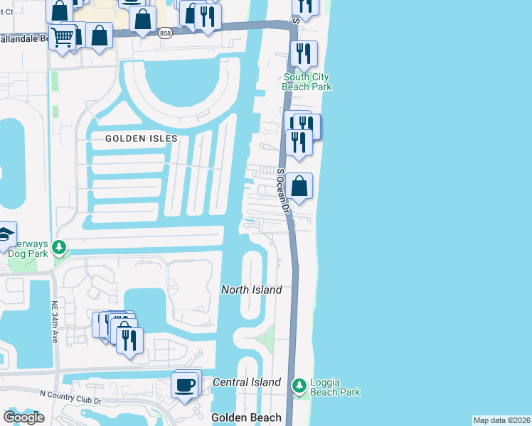map of restaurants, bars, coffee shops, grocery stores, and more near 3161 South Ocean Drive in Hallandale Beach