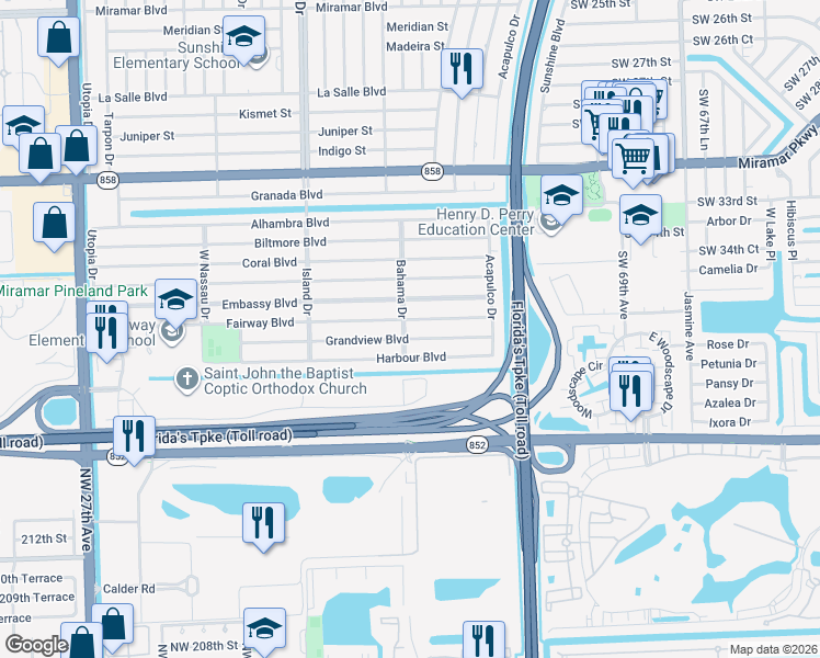 map of restaurants, bars, coffee shops, grocery stores, and more near 3613 Bahama Drive in Miramar