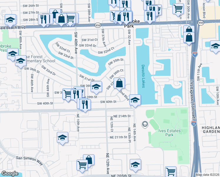 map of restaurants, bars, coffee shops, grocery stores, and more near 3680 Southwest 32nd Boulevard in West Park