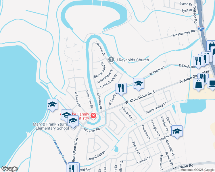 map of restaurants, bars, coffee shops, grocery stores, and more near 1283 Cedar Ridge Drive in Brownsville