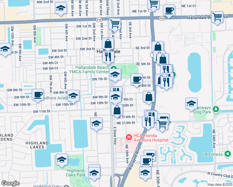map of restaurants, bars, coffee shops, grocery stores, and more near 806 South Dixie Highway in Hallandale Beach