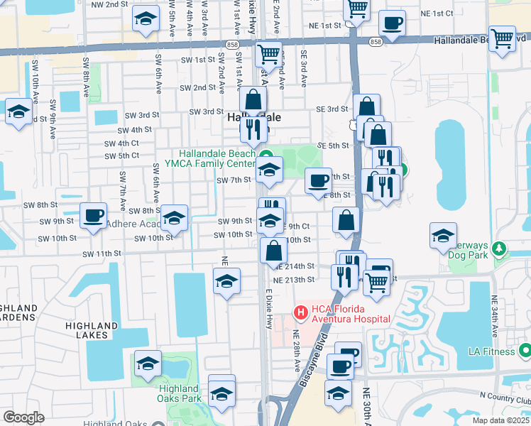 map of restaurants, bars, coffee shops, grocery stores, and more near 806 South Dixie Highway in Hallandale Beach