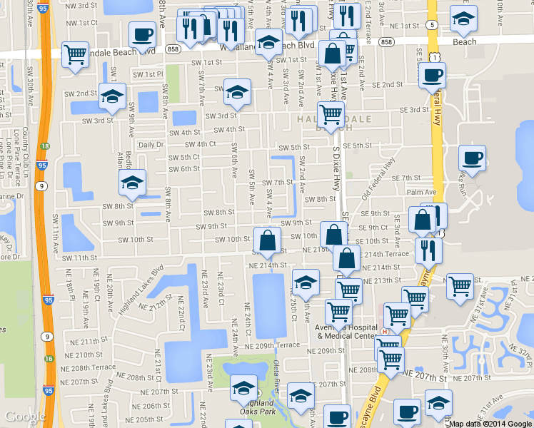 map of restaurants, bars, coffee shops, grocery stores, and more near 734 Southwest 4 Avenue in Hallandale Beach