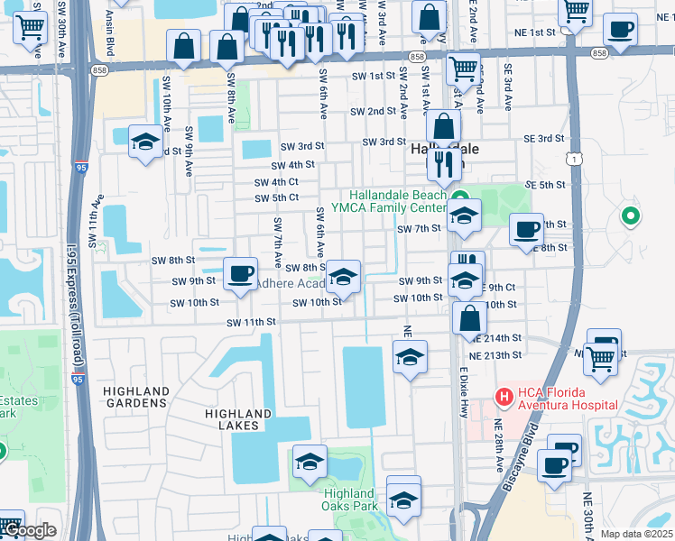 map of restaurants, bars, coffee shops, grocery stores, and more near 719 Southwest 6th Avenue in Hallandale Beach