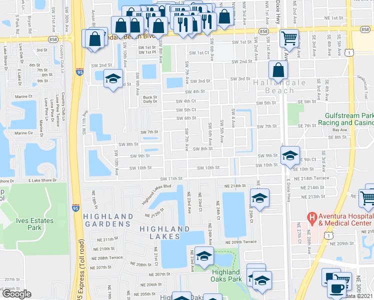 map of restaurants, bars, coffee shops, grocery stores, and more near 729 Southwest 7th Court in Hallandale Beach