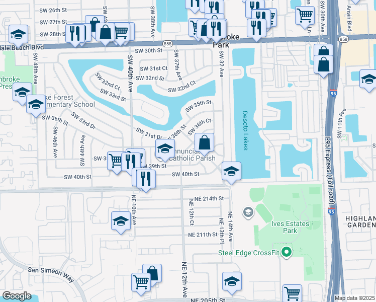map of restaurants, bars, coffee shops, grocery stores, and more near 3680 Southwest 32nd Boulevard in West Park