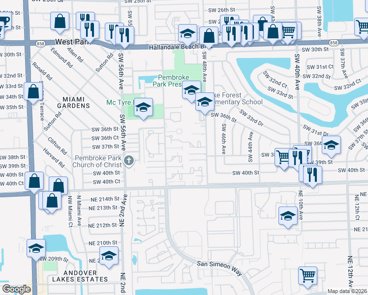 map of restaurants, bars, coffee shops, grocery stores, and more near 3703 37th Street in Pembroke Park