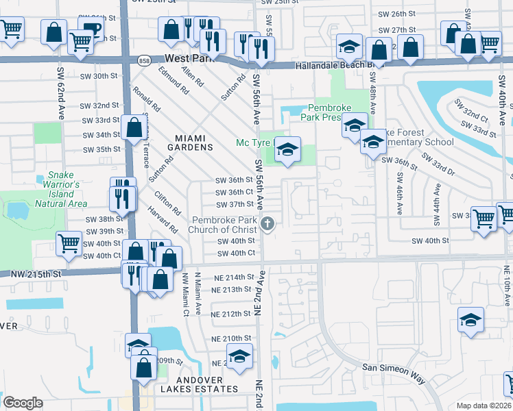 map of restaurants, bars, coffee shops, grocery stores, and more near 5614 Southwest 36th Court in West Park