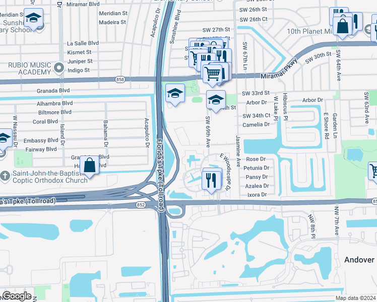 map of restaurants, bars, coffee shops, grocery stores, and more near 3598 Southwest 69th Way in Miramar