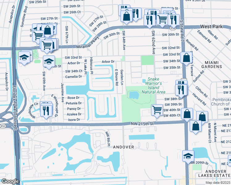 map of restaurants, bars, coffee shops, grocery stores, and more near 3712 East Shore Road in Miramar