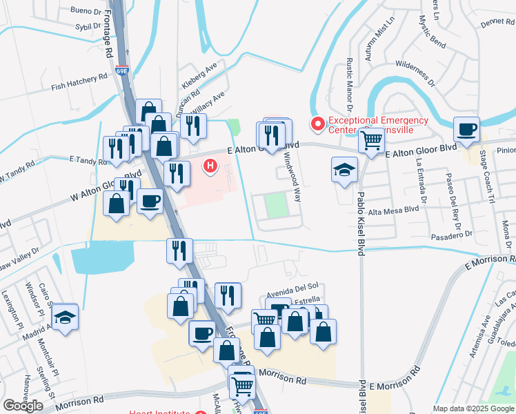 map of restaurants, bars, coffee shops, grocery stores, and more near 403 Trailwind Way in Brownsville