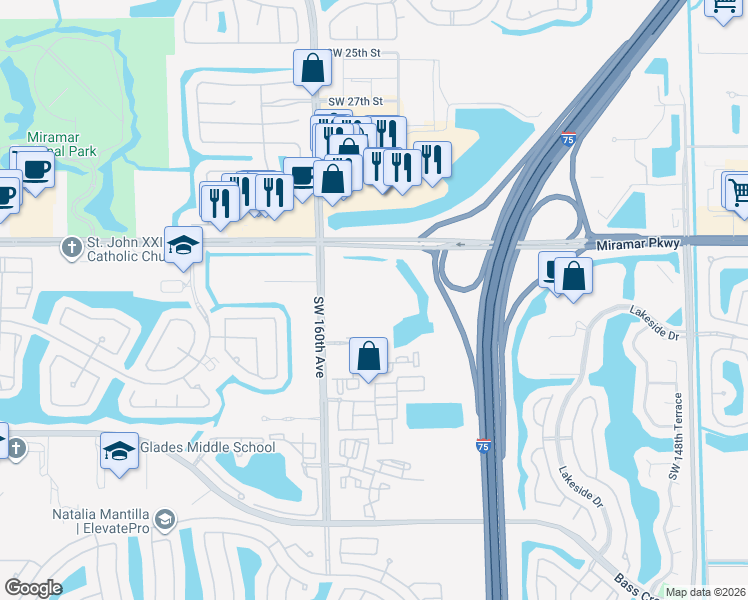 map of restaurants, bars, coffee shops, grocery stores, and more near 3501 Southwest 160th Avenue in Miramar