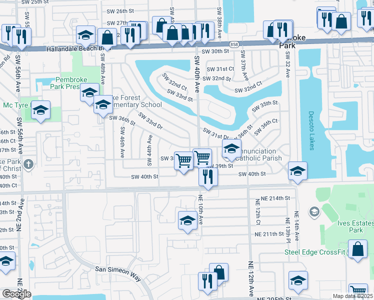 map of restaurants, bars, coffee shops, grocery stores, and more near 4120 Southwest 33rd Drive in West Park
