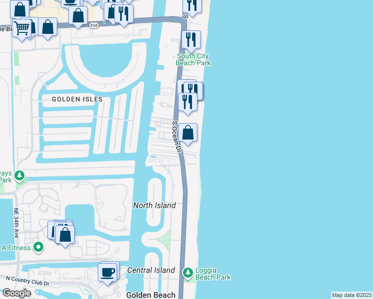 map of restaurants, bars, coffee shops, grocery stores, and more near 2076 South Ocean Drive in Hallandale Beach