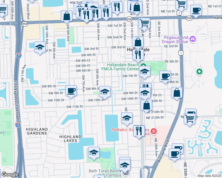 map of restaurants, bars, coffee shops, grocery stores, and more near 734 Southwest 4 Avenue in Hallandale Beach