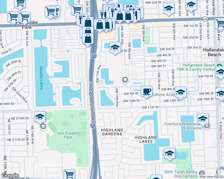 map of restaurants, bars, coffee shops, grocery stores, and more near 1008 Southwest 8th Street in Hallandale Beach