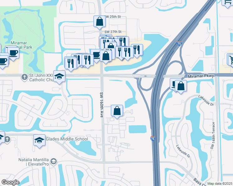 map of restaurants, bars, coffee shops, grocery stores, and more near 3501 Southwest 160th Avenue in Miramar