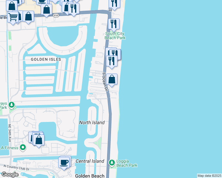 map of restaurants, bars, coffee shops, grocery stores, and more near 2076 South Ocean Drive in Hallandale Beach