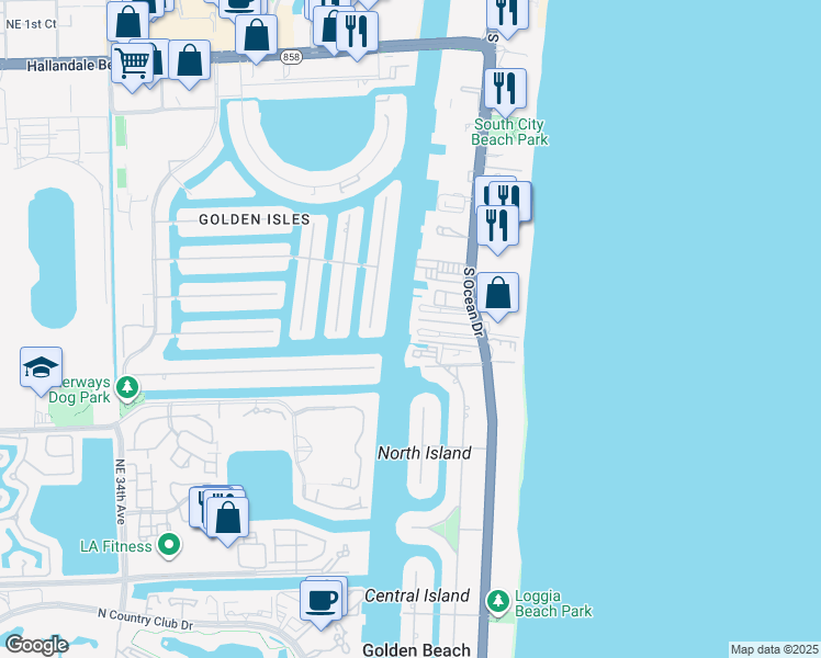map of restaurants, bars, coffee shops, grocery stores, and more near 3127 South Ocean Drive in Hallandale Beach