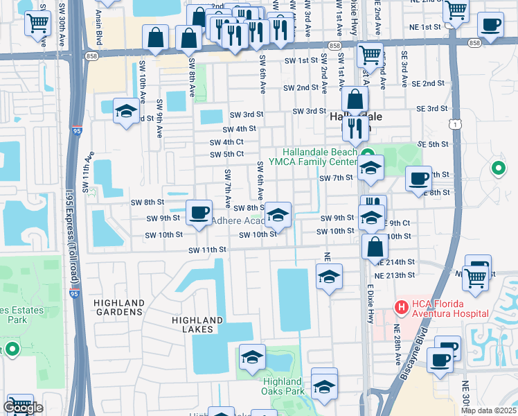 map of restaurants, bars, coffee shops, grocery stores, and more near 719 Southwest 6th Avenue in Hallandale Beach