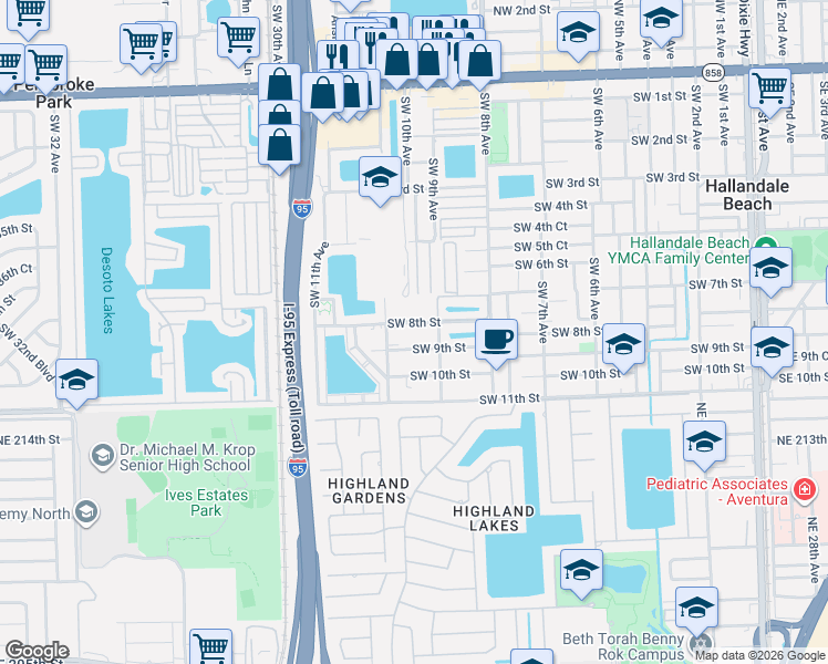 map of restaurants, bars, coffee shops, grocery stores, and more near 900 Southwest 8th Street in Hallandale Beach