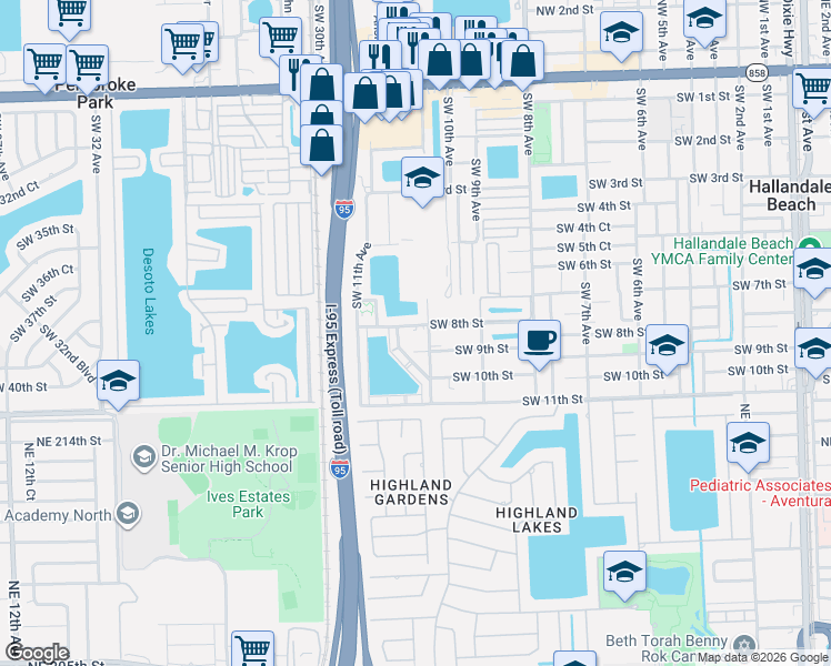 map of restaurants, bars, coffee shops, grocery stores, and more near 1008 Southwest 8th Street in Hallandale Beach