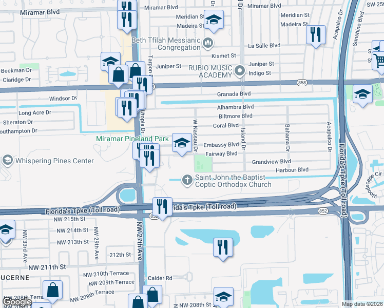 map of restaurants, bars, coffee shops, grocery stores, and more near 7812 Embassy Boulevard in Miramar