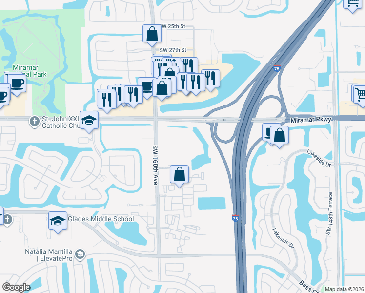 map of restaurants, bars, coffee shops, grocery stores, and more near 3401 Southwest 160th Avenue in Miramar