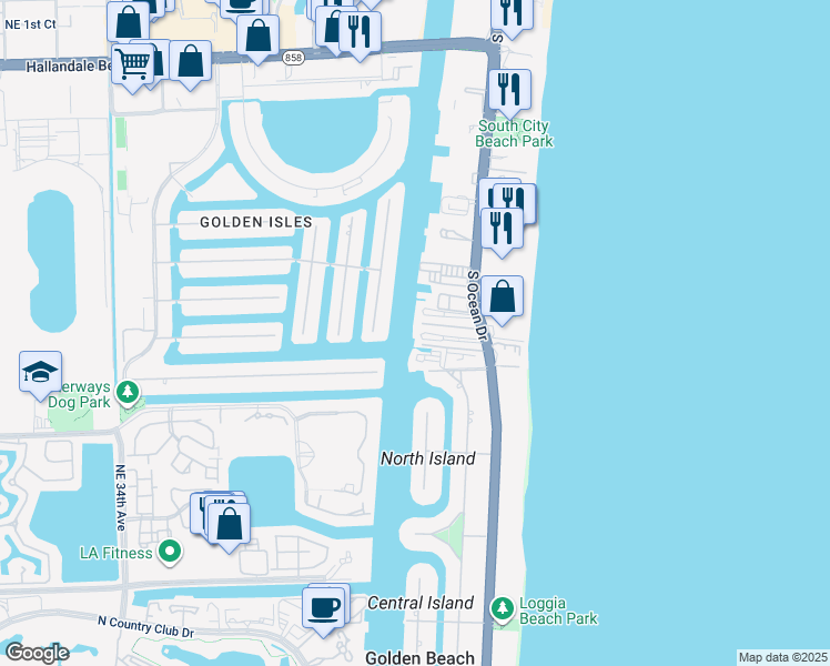 map of restaurants, bars, coffee shops, grocery stores, and more near 3127 South Ocean Drive in Hallandale Beach