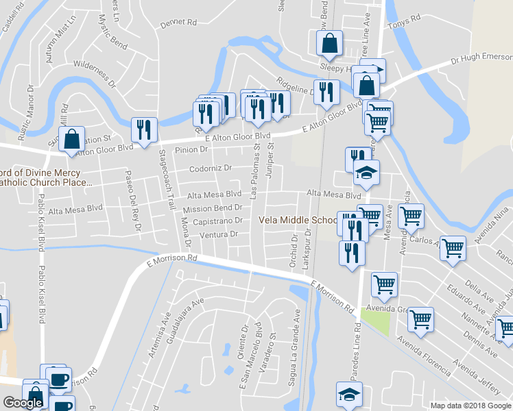 map of restaurants, bars, coffee shops, grocery stores, and more near 4874 Las Palomas Street in Brownsville