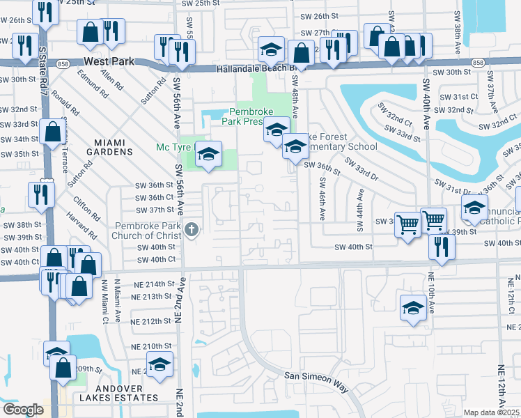 map of restaurants, bars, coffee shops, grocery stores, and more near 3703 37th Street in Pembroke Park