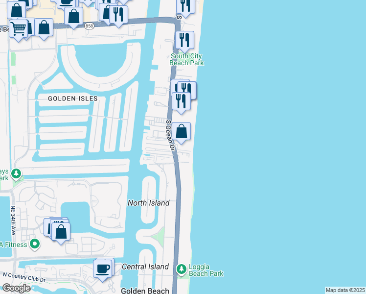 map of restaurants, bars, coffee shops, grocery stores, and more near 2076 South Ocean Drive in Hallandale Beach