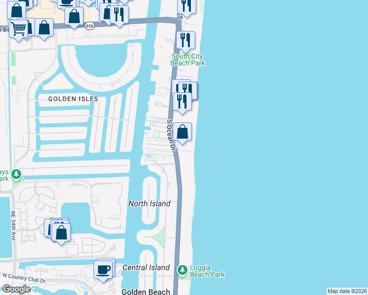 map of restaurants, bars, coffee shops, grocery stores, and more near 2076 South Ocean Drive in Hallandale Beach