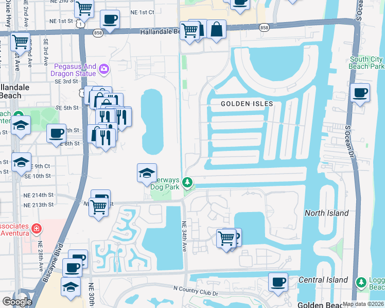 map of restaurants, bars, coffee shops, grocery stores, and more near in Hallandale Beach