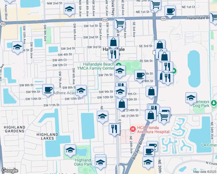map of restaurants, bars, coffee shops, grocery stores, and more near 103 Southwest 8th Street in Hallandale Beach