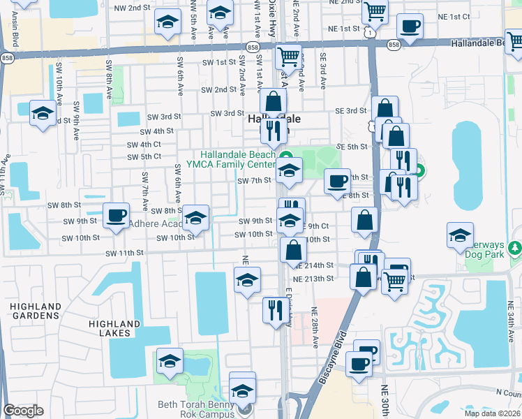map of restaurants, bars, coffee shops, grocery stores, and more near 103 Southwest 8th Street in Hallandale Beach